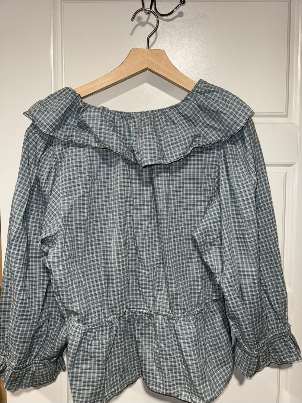 Blue Gingham Ruffle Peasant Top - Picture 2 of 6